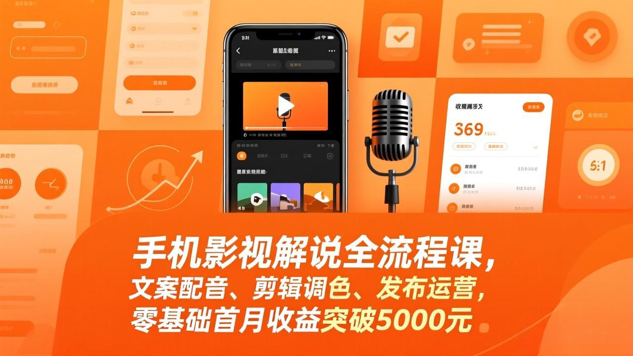 手机影视解说全流程课，文案配音、剪辑调色、发布运营，零基础首月收益突破5000元-鼎誉项目网