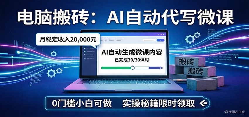 电脑搬砖AI自动代写微课，月稳定2W，0门槛小白可做，实操秘籍-鼎誉项目网