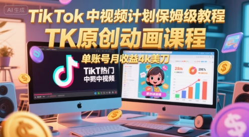 TikTok中视频计划保姆级教程，TK原创动画课程，单账号月收益4k美刀-鼎誉项目网