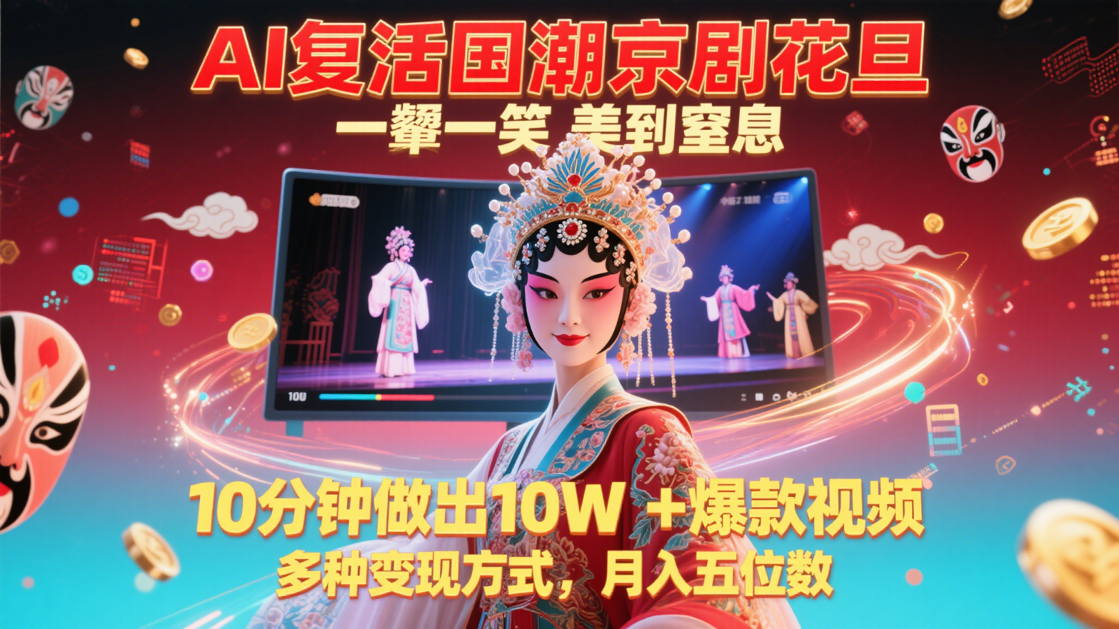 AI复活国潮京剧花旦,一颦一笑美到窒息,10分钟做出10W+爆款视频,多种变现方式-鼎誉项目网