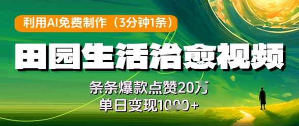 利用AI免费制作田园生活治愈视频，条条爆款点赞20W，单日变现几张-鼎誉项目网