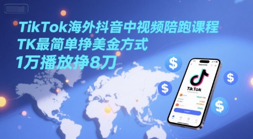 TikTok海外抖音中视频陪跑课程，TK最简单挣美金方式，1万播放挣8刀-鼎誉项目网