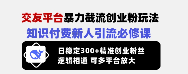 交友平台暴力截流创业粉玩法，知识付费新人引流必修课，日稳定300+精准创业粉丝，逻辑相通可多平台放大-鼎誉项目网