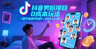 抖音男粉项目0成本玩法，一部手机即可操作，日均4张+，时间自由-鼎誉项目网