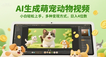 AI生成萌宠动物视频，小白轻松上手，多种变现方式，日入4位数-鼎誉项目网