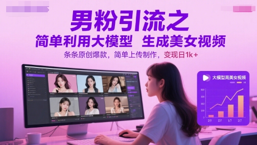 男粉引流之简单利用大模型生成美女视频，条条原创爆款，简单上传制作，变现日1k+-鼎誉项目网