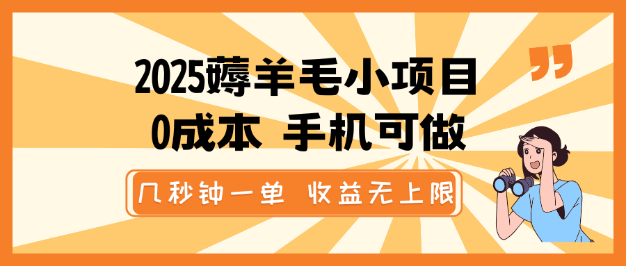2025薅羊毛小项目，0成本 手机可做，几秒钟一单，收益无上限-鼎誉项目网