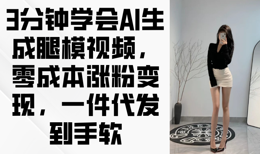 3分钟学会AI生成腿模视频，零成本涨粉变现，一件代发到手软-鼎誉项目网