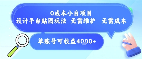 0成本小白项目，设计平台贴图玩法，无需维护，无需成本，单账号单月可产生收益4k+-鼎誉项目网
