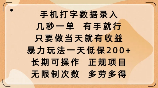 手机打字数据录入，几秒一单，有手就行，只要做当天就有收益，暴力玩法一天低保2张-鼎誉项目网
