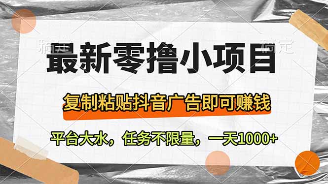 最新零撸小项目，复制粘贴抖音广告即可赚钱，平台大水，任务不限量，一…-鼎誉项目网