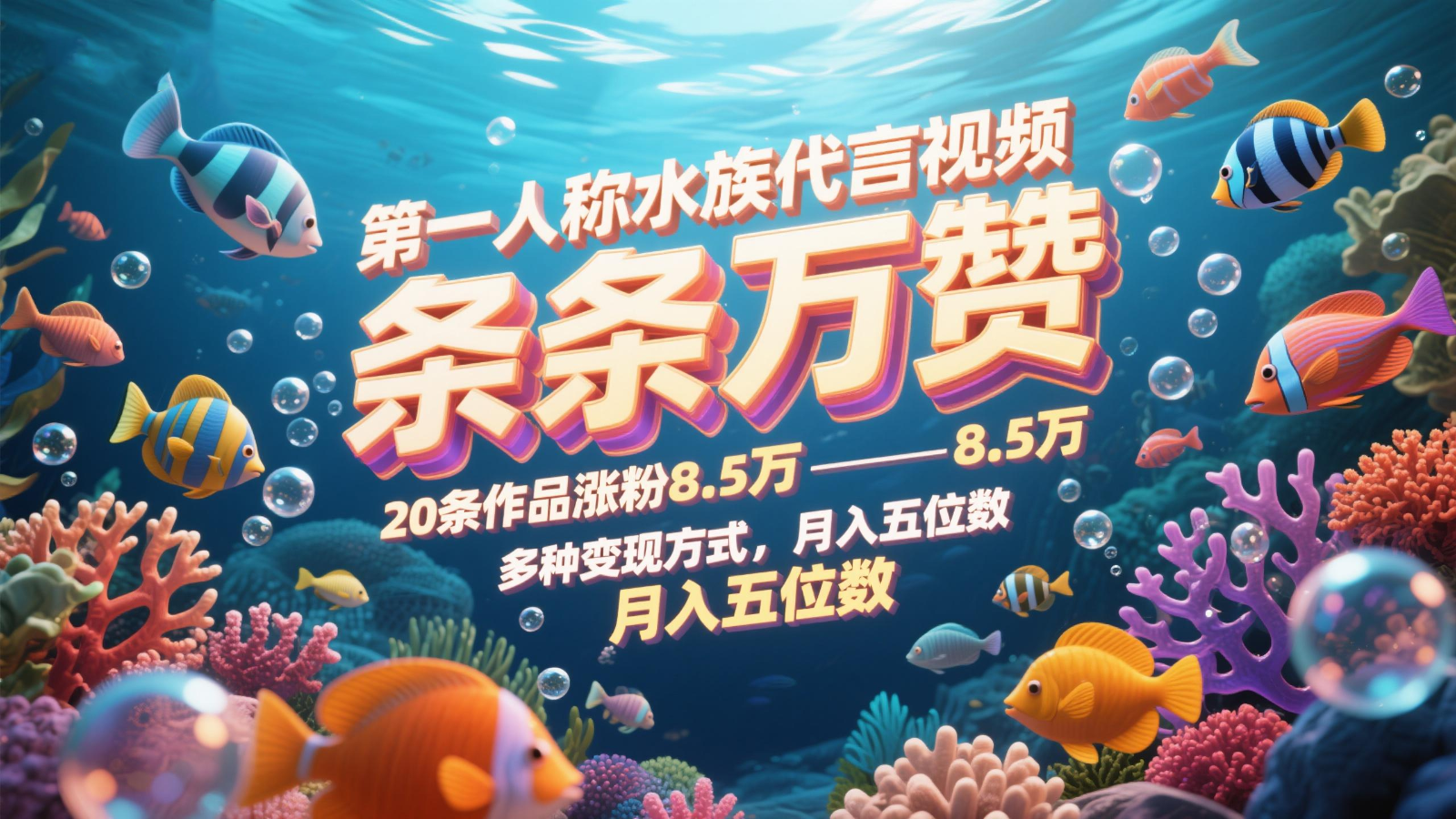 第一人称水族代言视频，条条万赞，20条作品涨粉8.5万，多种变现方式月，入五位数-鼎誉项目网