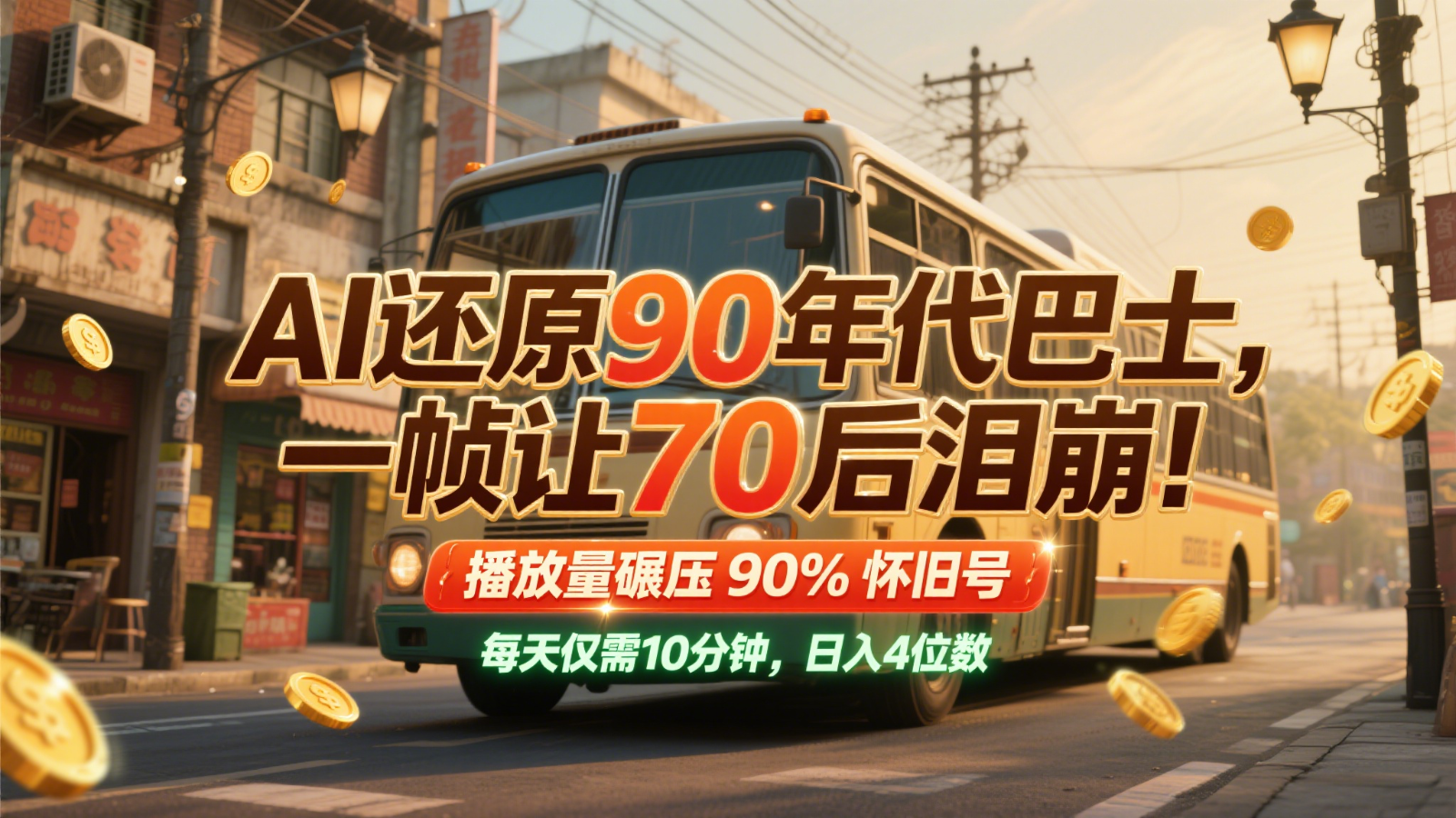 AI还原90年代巴士,一帧让70后泪崩!播放量碾压90%怀旧号,每天10分钟,日入4位数-鼎誉项目网