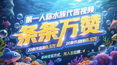 第一人称水族代言视频，条条万赞，20条作品涨粉7.8W，多种变现方式月入五位数-鼎誉项目网