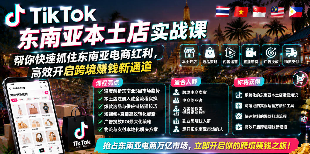 TikTok东南亚本土店实战课，帮你快速抓住东南亚电商红利，高效开启跨境賺钱新通道-鼎誉项目网
