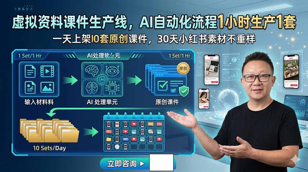 虚拟资料课件生产线，AI自动化流程1小时生产1套，一天上架10套原创课件，30天小红书素材不重样-鼎誉项目网