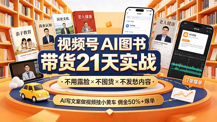 视频号AI图书带货21天实战：不用露脸×不囤货×不发愁内容，AI写文案做视频挂小黄车，佣金50%+爆单-鼎誉项目网