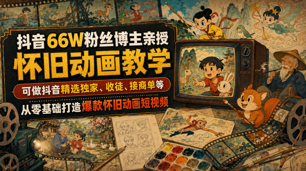 抖音66W粉丝博主亲授怀旧动画教学，可做抖音精选独家、收徒、接商单等，从零基础打造爆款怀旧动画短视频-鼎誉项目网