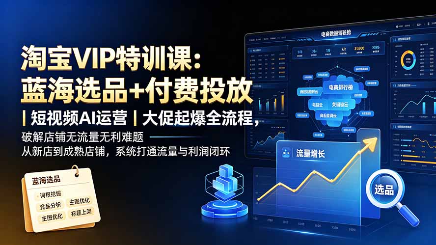 淘宝VIP特训课-更新：蓝海选品+付费投放｜短视频AI运营｜大促起爆全流程，破解店铺无流量无利润难题-鼎誉项目网