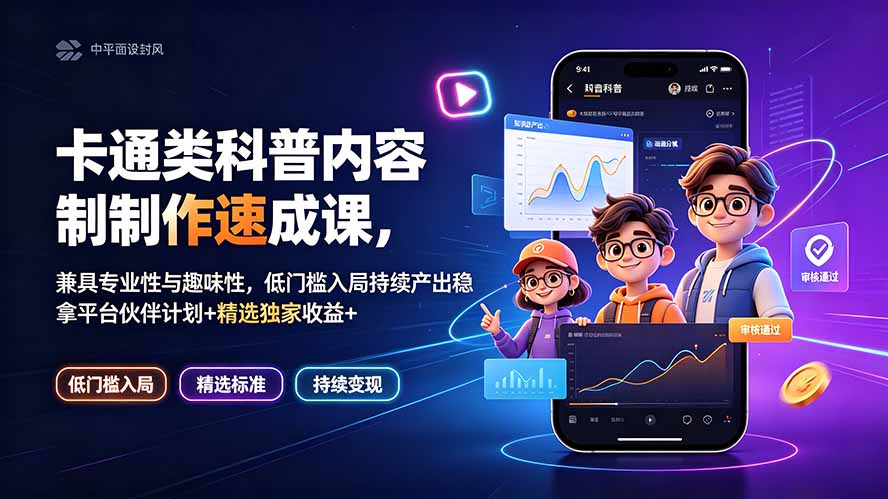 卡通类科普内容制作速成课，兼具专业性与趣味性，低门槛入局持续产出稳拿平台伙伴计划+精选独家收益-鼎誉项目网