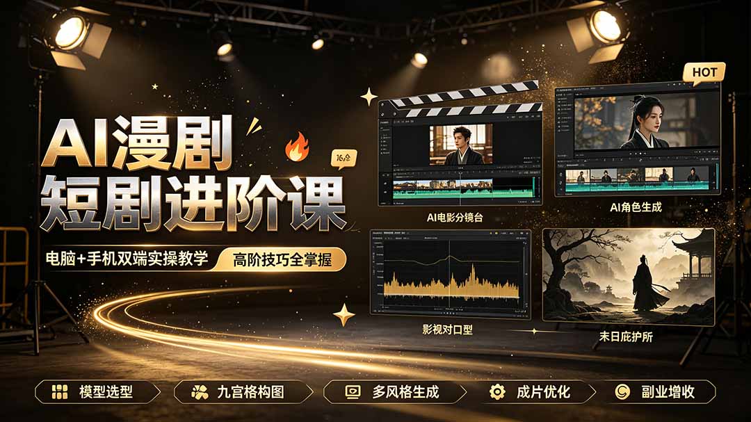 AI漫剧短剧进阶课｜电脑+手机双端实操教学｜影视剧对口型人物吃瓜×解压末日庇护所全程讲解，高阶技巧全掌握-鼎誉项目网