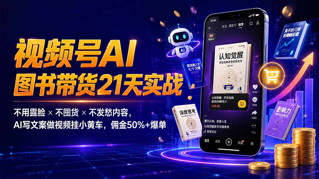 繁花视频号AI图书带货21天实战：不用露脸×不囤货×不发愁内容，AI写文案做视频挂小黄车，佣金50%+爆单-鼎誉项目网