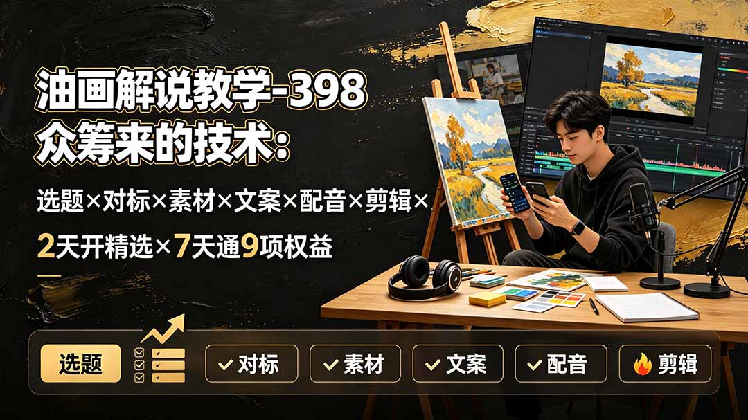 油画解说教学-398众筹来的技术:选题×对标×素材×文案×配音×剪辑×2天开精选×7天通9项权益-鼎誉项目网