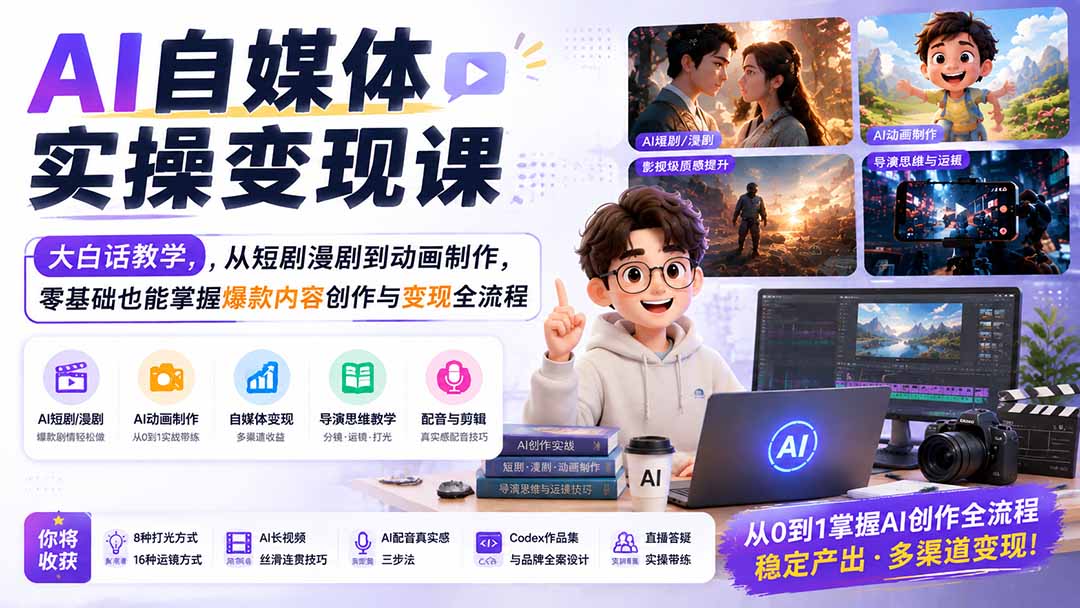 AI自媒体实操变现课｜大白话教学，从短剧漫剧到动画制作，零基础也能掌握爆款内容创作与变现全流程-鼎誉项目网