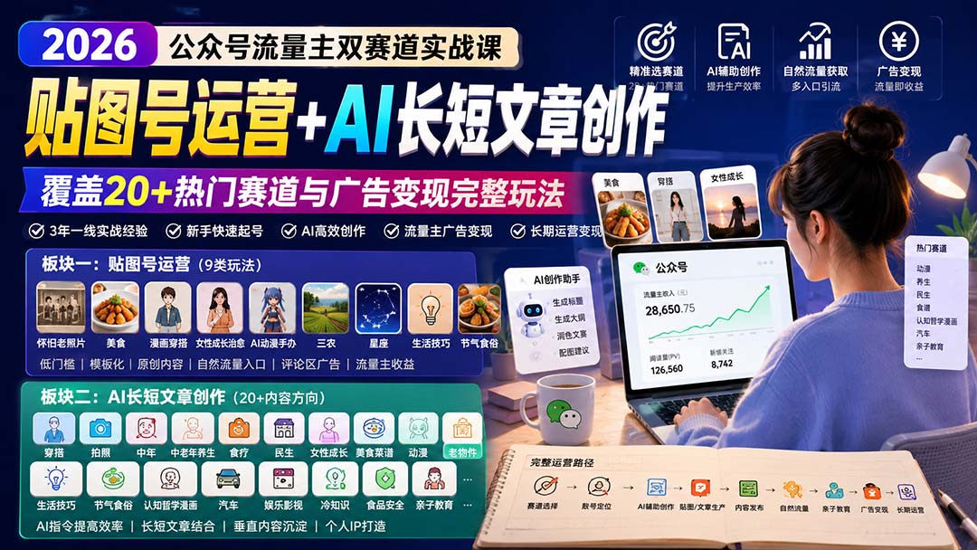 公众号流量主双赛道实战课：贴图号运营+AI长短文章创作，覆盖20+热门赛道与广告变现完整玩法-鼎誉项目网
