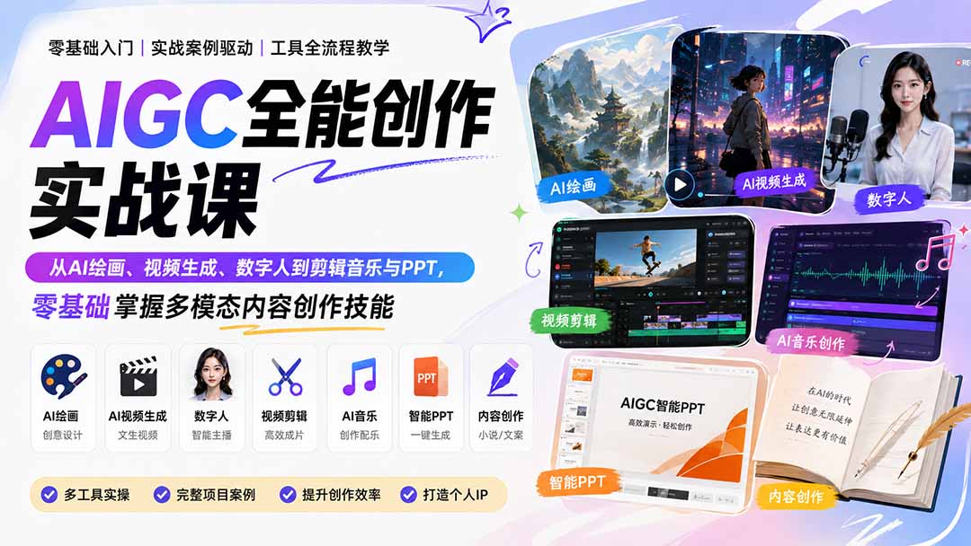 AIGC全能创作实战课：从AI绘画、视频生成、数字人到剪辑音乐与PPT，零基础掌握多模态内容创作技能-鼎誉项目网