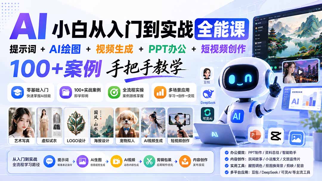 AI小白从入门到实战全能课:提示词+AI绘图+视频生成+PPT办公+短视频创作,100+案例手把手教学-鼎誉项目网