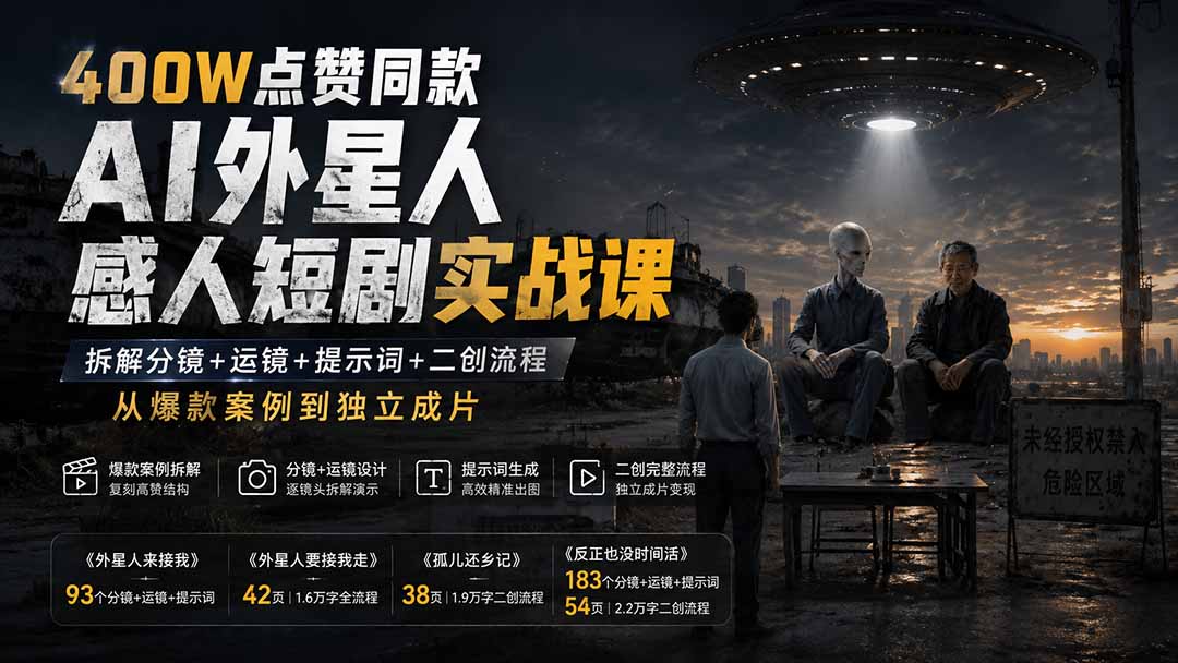 400W点赞同款AI外星人感人短剧实战课：拆解分镜+运镜+提示词+二创流程，从爆款案例到独立成片-鼎誉项目网