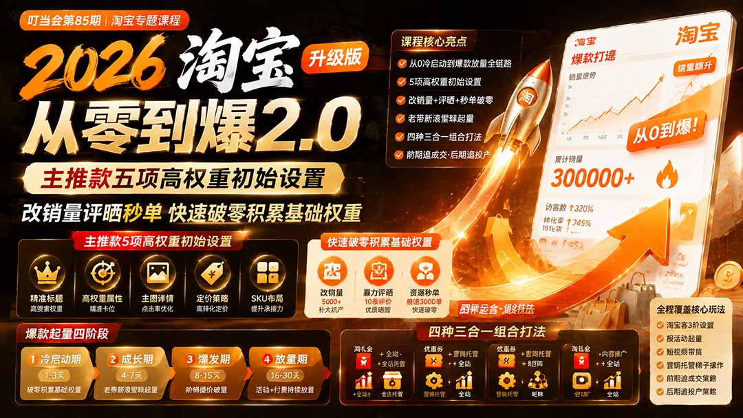 2026淘宝从零到爆2.0第85期；主推款五项高权重初始设置，改销量评晒秒单快速破零积累基础权重-鼎誉项目网