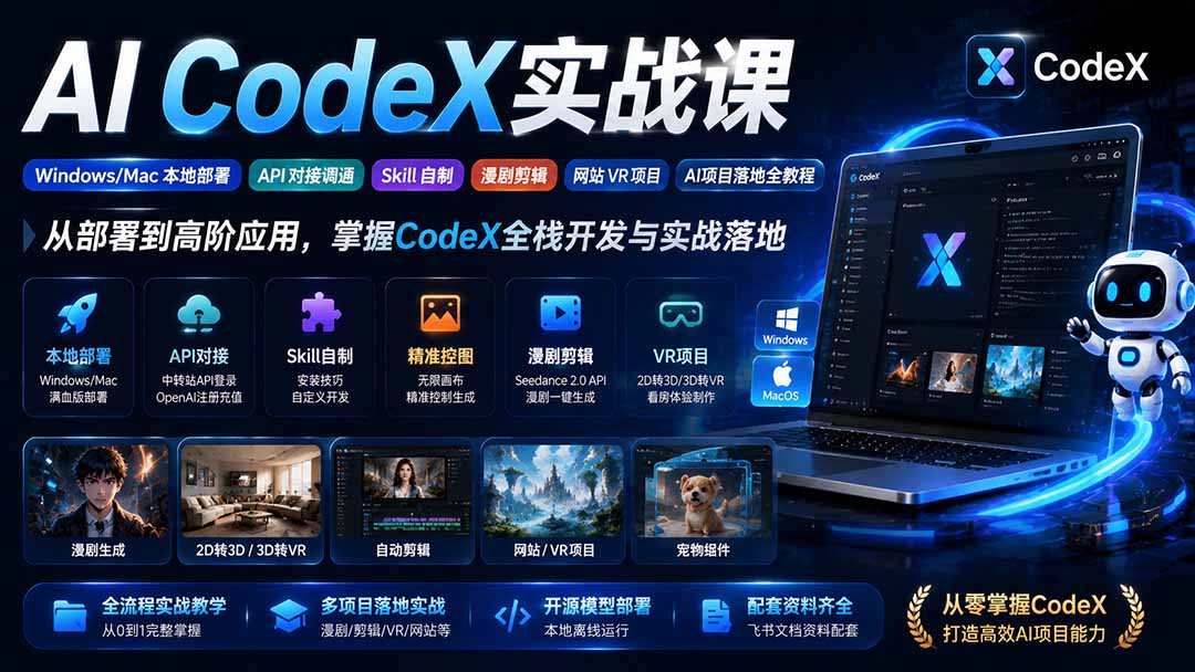 AI  CodeX实战课｜Windows/Mac 本地部署｜API 对接调通｜Skill 自制｜漫剧剪辑｜网站 VR 项目｜AI项目落地全教程-鼎誉项目网
