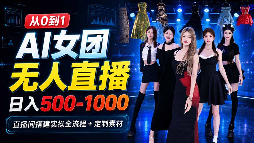 AI 女团无人直播，躺入500-1000每天，直播间搭建实操全流程+定制素材-鼎誉项目网