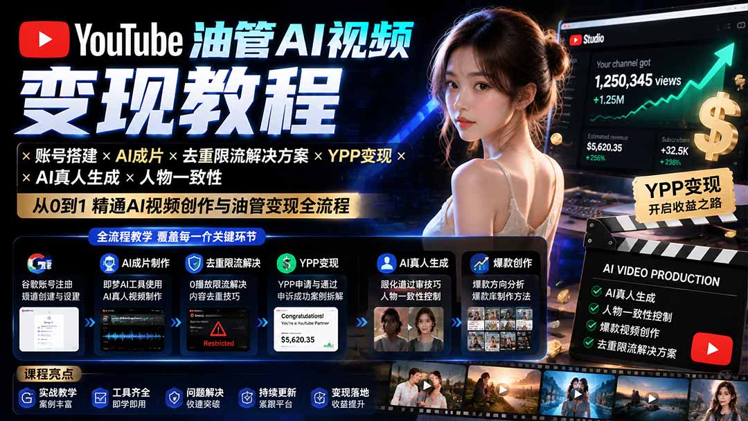 YouTube油管AI视频变现教程：账号搭建×AI成片×去重限流解决方案×YPP变现×AI真人生成×人物一致性-鼎誉项目网
