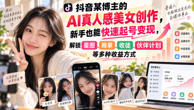 抖音某博主的AI真人感美女创作,新手也能快速起号变现,解锁星图,商单,收徒,伙伴计划等多种收益方式-鼎誉项目网