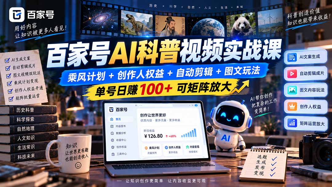 百家号AI科普视频实战课：乘风计划+创作人权益+自动剪辑+图文玩法，单号日赚100+可矩阵放大-鼎誉项目网