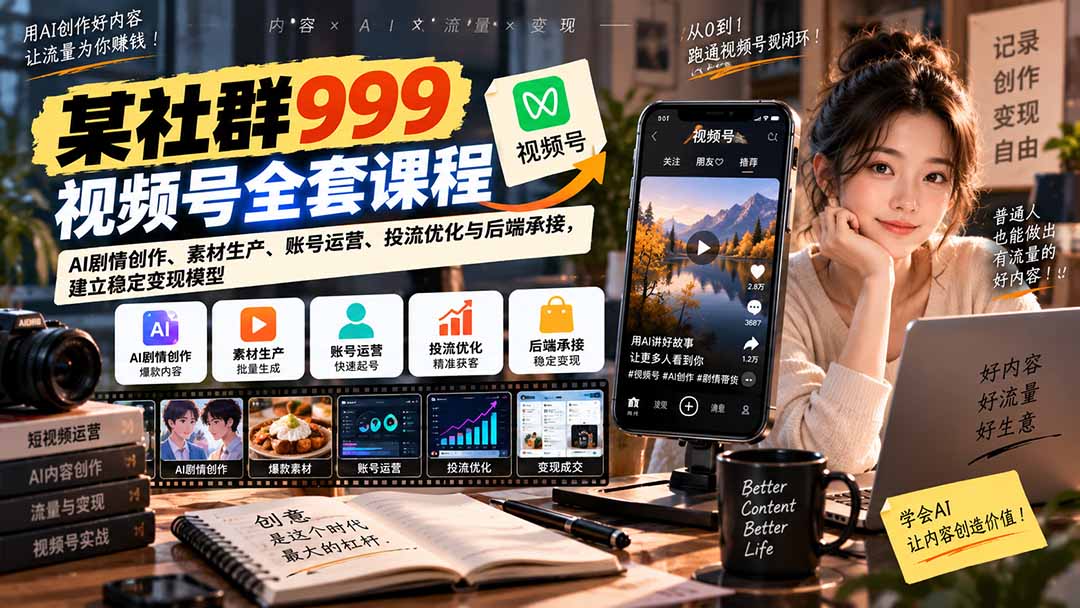 【无水印】某社群999视频号全套课程:AI剧情创作、素材生产、账号运营、投流优化与后端承接,建立稳定变现模型-鼎誉项目网