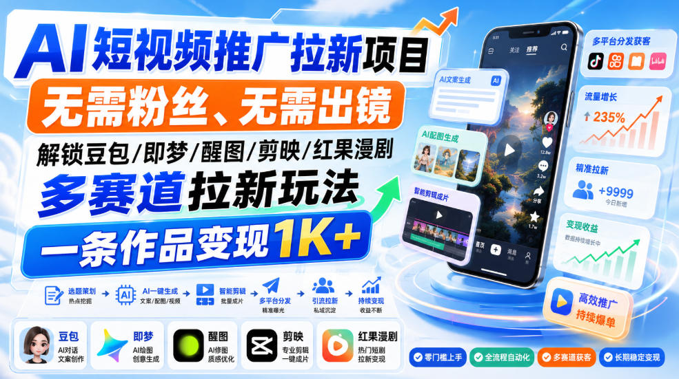 AI短视频推广拉新项目，无需粉丝、无需出镜，解锁豆包/即梦/醒图/剪映/红果漫剧多赛道拉新玩法，一条作品变现1K+(更新0918)-鼎誉项目网