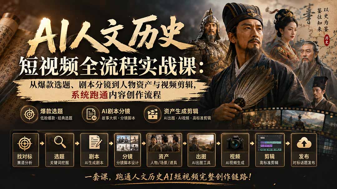 AI人文历史短视频全流程实战课-更新：从爆款选题、剧本分镜到人物资产与视频剪辑，系统跑通内容创作流程-鼎誉项目网