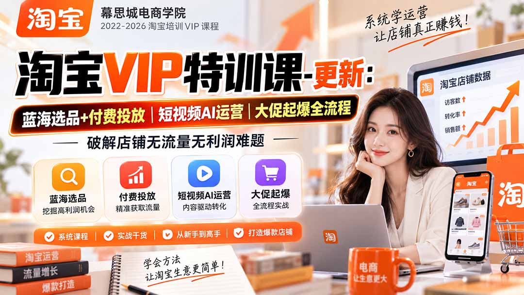淘宝VIP特训课-更新0917：蓝海选品+付费投放｜短视频AI运营｜大促起爆全流程，破解店铺无流量无利润难题-鼎誉项目网
