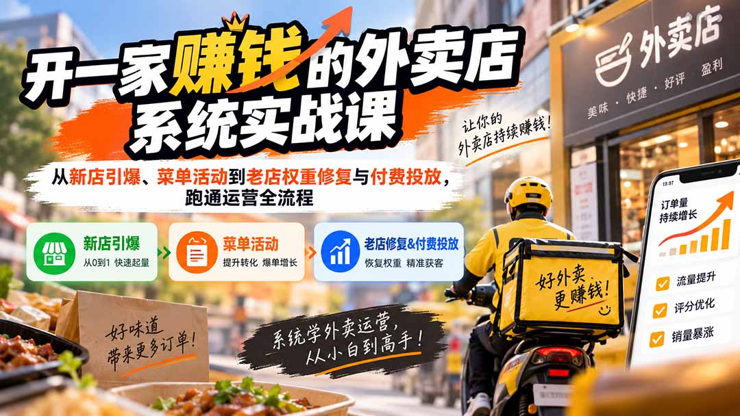 开一家赚钱的外卖店系统实战课:从新店引爆、菜单活动到老店权重修复与付费投放,跑通运营全流程-鼎誉项目网