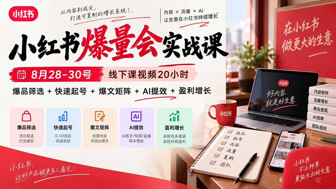 小红书爆量会实战课-更新9月17：线下课视频20小时，爆品筛选+快速起号+爆文矩阵+AI提效+盈利增长-鼎誉项目网
