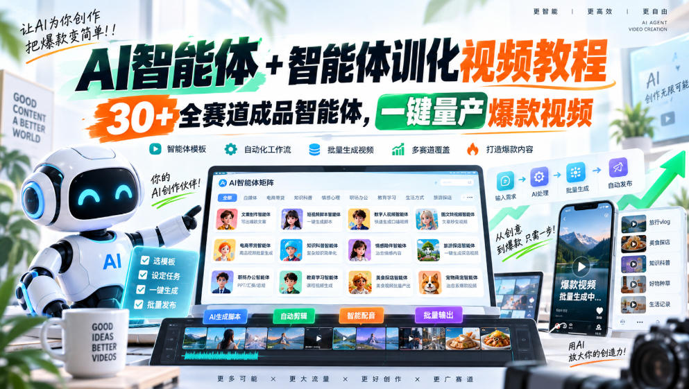 【无水印】AI智能体+智能体训化视频教程,30+全赛道成品智能体,一键量产爆款视频【更新】-鼎誉项目网