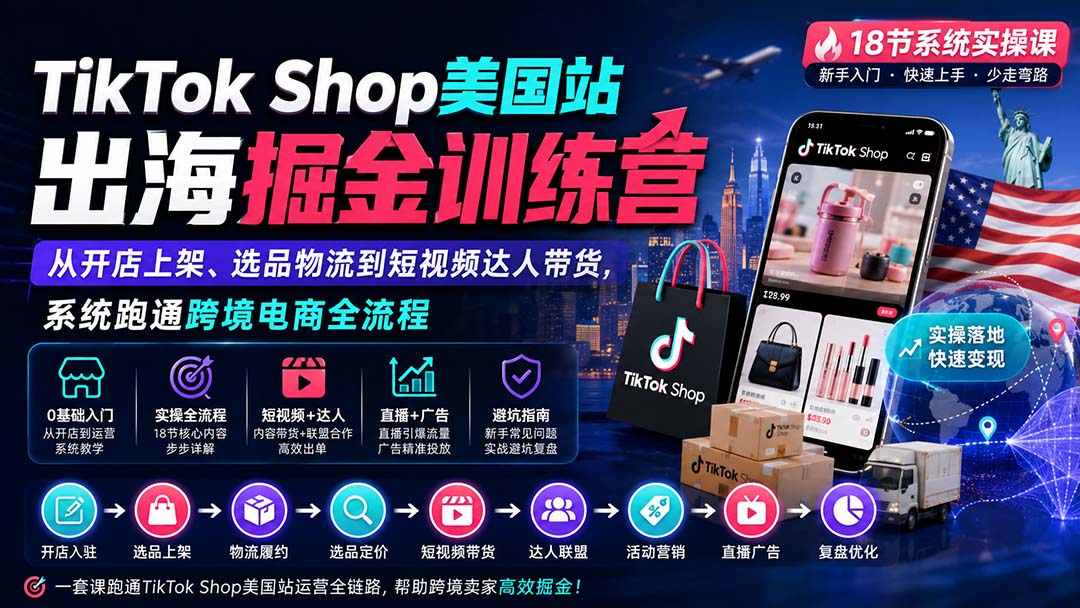 TikTok Shop美国站出海掘金训练营:从开店上架、选品物流到短视频达人带货,系统跑通跨境电商全流程-鼎誉项目网
