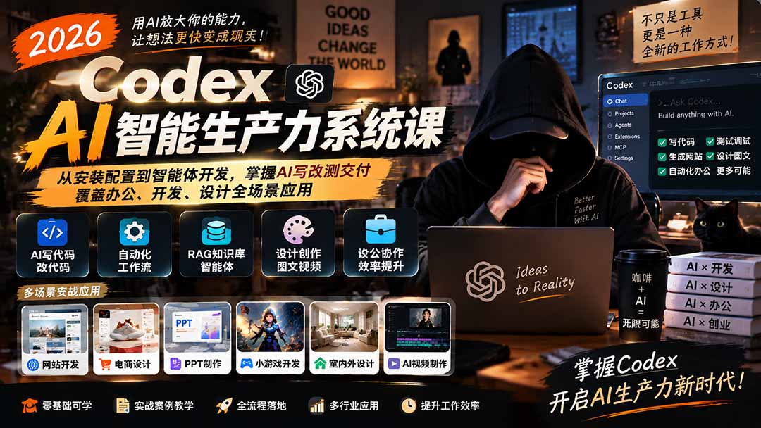 2026 Codex AI智能生产力系统课-更新｜从安装配置到智能体开发，掌握AI写改测交付，覆盖办公、开发、设计全场景应用-鼎誉项目网