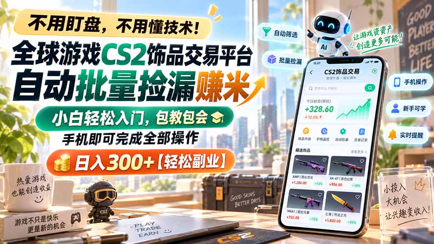全球游戏CS2饰品交易平台自动批量捡漏赚米，小白轻松入门，包教包会，手机即可完成全部操作，日入300+【轻松副业】-鼎誉项目网