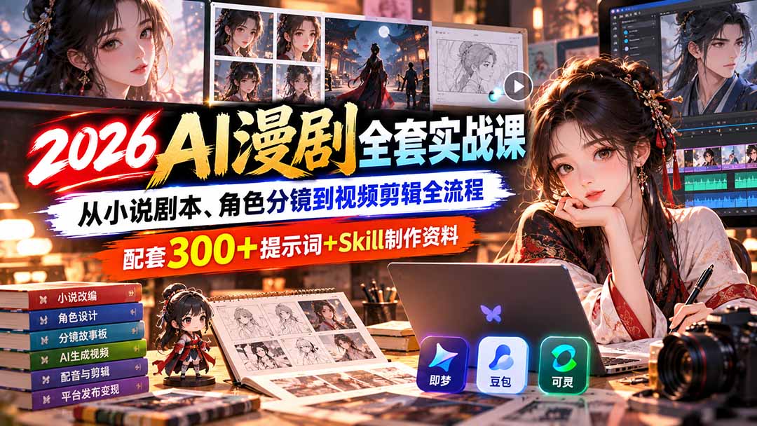 【无水印】2026AI漫剧全套实战课：从小说剧本、角色分镜到视频剪辑全流程，配套300+提示词+Skill制作资料-鼎誉项目网