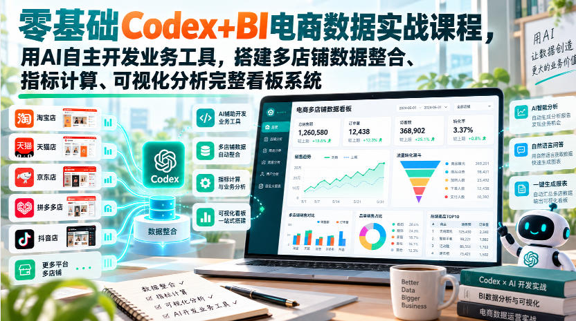 零基础Codex+BI电商数据实战课程，用AI自主开发业务工具，搭建多店铺数据整合、指标计算、可视化分析完整看板系统-鼎誉项目网
